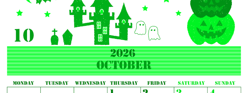 2026年10月縦型月曜始まり ハロウィンイラストがかわいいA4無料グリーンのカレンダー(2026-00911011)