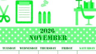 2026年11月縦型月曜始まり 文房具イラストのかわいいA4無料グリーンのカレンダー(2026-00911111)