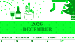 2026年12月縦型月曜始まり パーティーのイラストがかわいいA4無料グリーンのカレンダー(2026-00911211)