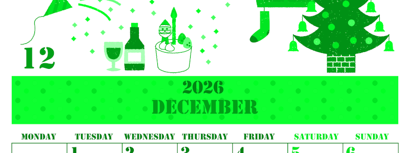 2026年12月縦型月曜始まり パーティーのイラストがかわいいA4無料グリーンのカレンダー(2026-00911211)