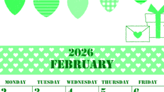 2026年2月縦型日曜始まり ラブレターイラストのかわいいA4無料グリーンのカレンダー(2026-00910210)