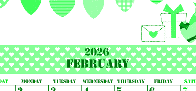2026年2月縦型日曜始まり ラブレターイラストのかわいいA4無料グリーンのカレンダー(2026-00910210)