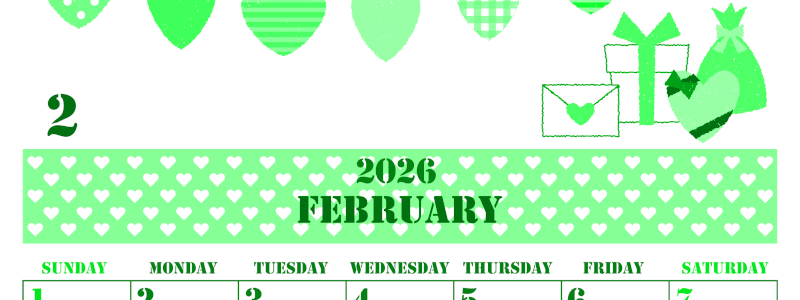 2026年2月縦型日曜始まり ラブレターイラストのかわいいA4無料グリーンのカレンダー(2026-00910210)