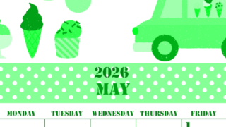 2026年5月縦型日曜始まり アイスクリームのイラストがかわいいA4無料グリーンのカレンダー(2026-00910510)
