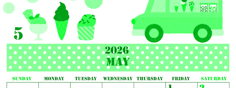 2026年5月縦型日曜始まり アイスクリームのイラストがかわいいA4無料グリーンのカレンダー(2026-00910510)
