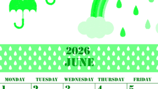 2026年6月縦型日曜始まり 虹イラストのかわいいA4無料グリーンのカレンダー(2026-00910610)