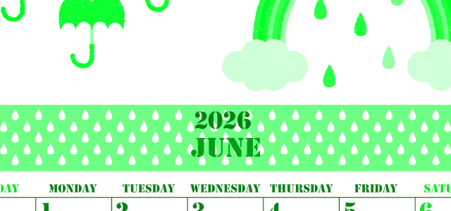 2026年6月縦型日曜始まり 虹イラストのかわいいA4無料グリーンのカレンダー(2026-00910610)