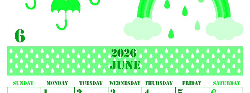 2026年6月縦型日曜始まり 虹イラストのかわいいA4無料グリーンのカレンダー(2026-00910610)