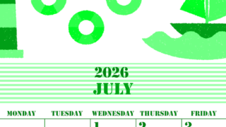 2026年7月縦型日曜始まり マリンなイラストのかわいいA4無料グリーンのカレンダー(2026-00910710)