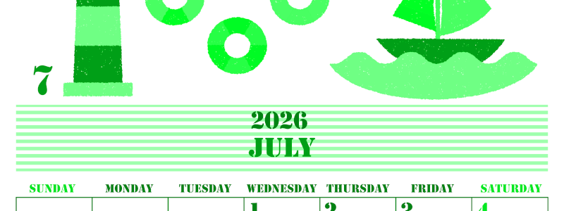 2026年7月縦型日曜始まり マリンなイラストのかわいいA4無料グリーンのカレンダー(2026-00910710)