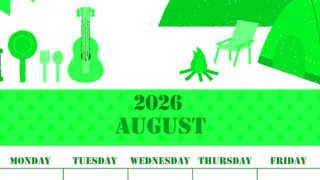 2026年8月縦型日曜始まり 夏休みイラストのかわいいA4無料グリーンのカレンダー(2026-00910810)
