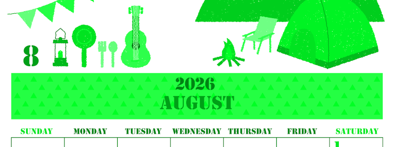 2026年8月縦型日曜始まり 夏休みイラストのかわいいA4無料グリーンのカレンダー(2026-00910810)