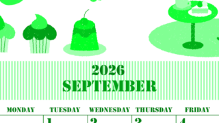 2026年9月縦型日曜始まり 食欲の秋イラストのかわいいA4無料グリーンのカレンダー(2026-00910910)