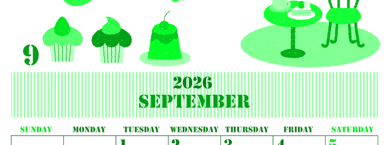 2026年9月縦型日曜始まり 食欲の秋イラストのかわいいA4無料グリーンのカレンダー(2026-00910910)
