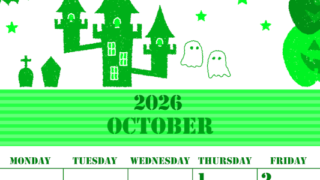 2026年10月縦型日曜始まり ハロウィンイラストがかわいいA4無料グリーンのカレンダー(2026-00911010)