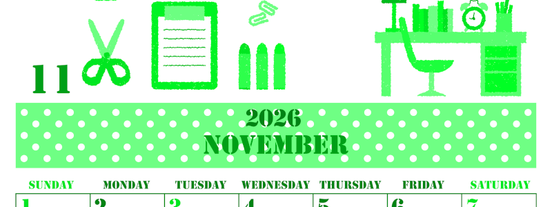 2026年11月縦型日曜始まり 文房具イラストのかわいいA4無料グリーンのカレンダー(2026-00911110)