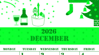 2026年12月縦型日曜始まり パーティーのイラストがかわいいA4無料グリーンのカレンダー(2026-00911210)