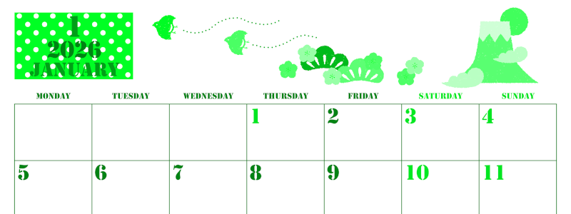 2026年1月横型月曜始まり 和風な富士山イラストのかわいいA4無料グリーンのカレンダー(2026-00910101)