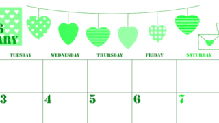 2026年2月横型月曜始まり ラブレターイラストのかわいいA4無料グリーンのカレンダー(2026-00910201)