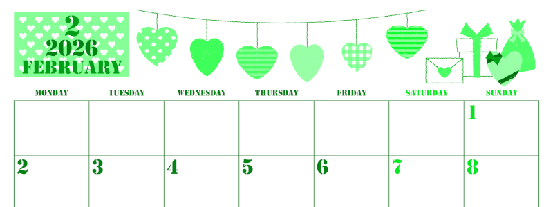 2026年2月横型月曜始まり ラブレターイラストのかわいいA4無料グリーンのカレンダー(2026-00910201)