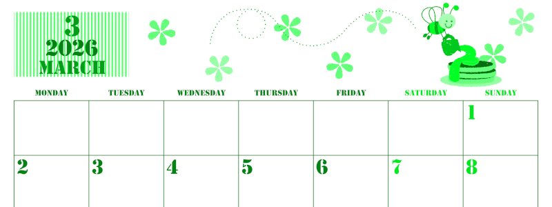 2026年3月横型月曜始まり パンケーキイラストのかわいいA4無料グリーンのカレンダー(2026-00910301)