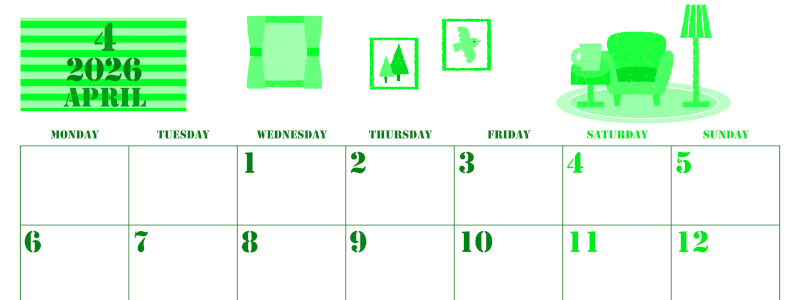 2026年4月横型月曜始まり 新生活イラストのかわいいA4無料グリーンのカレンダー(2026-00910401)