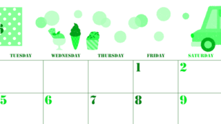 2026年5月横型月曜始まり アイスクリームのイラストがかわいいA4無料グリーンのカレンダー(2026-00910501)