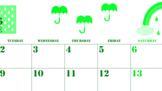 2026年6月横型月曜始まり 虹イラストのかわいいA4無料グリーンのカレンダー(2026-00910601)