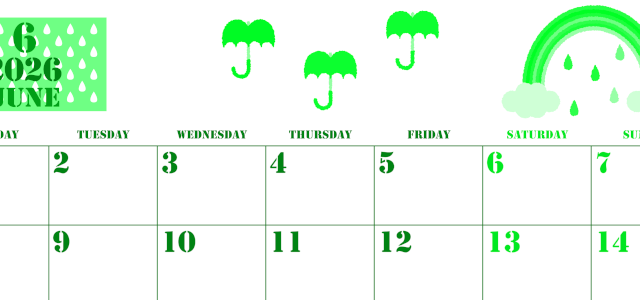 2026年6月横型月曜始まり 虹イラストのかわいいA4無料グリーンのカレンダー(2026-00910601)