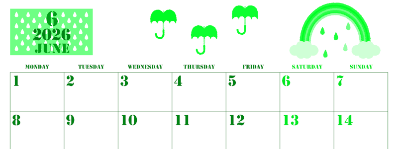2026年6月横型月曜始まり 虹イラストのかわいいA4無料グリーンのカレンダー(2026-00910601)