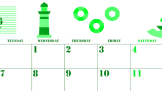 2026年7月横型月曜始まり マリンなイラストのかわいいA4無料グリーンのカレンダー(2026-00910701)