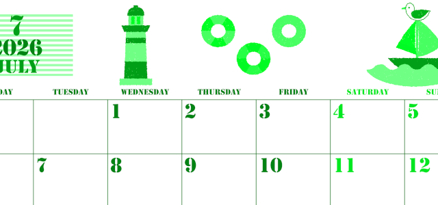 2026年7月横型月曜始まり マリンなイラストのかわいいA4無料グリーンのカレンダー(2026-00910701)