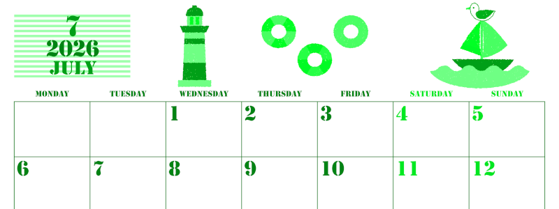 2026年7月横型月曜始まり マリンなイラストのかわいいA4無料グリーンのカレンダー(2026-00910701)