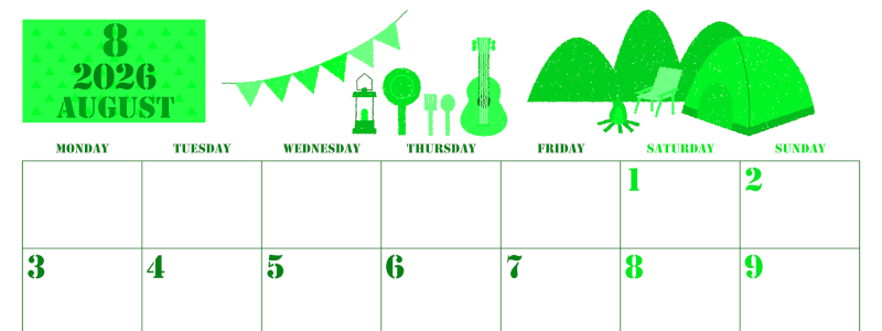 2026年8月横型月曜始まり 夏休みイラストのかわいいA4無料グリーンのカレンダー(2026-00910801)