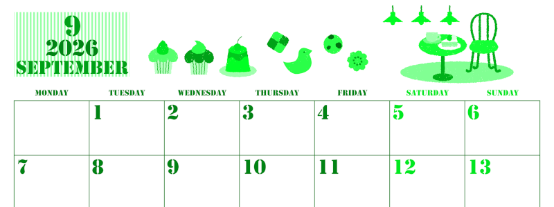 2026年9月横型月曜始まり 食欲の秋イラストのかわいいA4無料グリーンのカレンダー(2026-00910901)