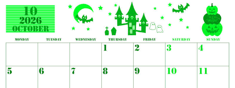 2026年10月横型月曜始まり ハロウィンイラストがかわいいA4無料グリーンのカレンダー(2026-00911001)
