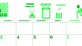 2026年11月横型月曜始まり 文房具イラストのかわいいA4無料グリーンのカレンダー(2026-00911101)