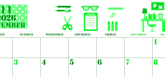 2026年11月横型月曜始まり 文房具イラストのかわいいA4無料グリーンのカレンダー(2026-00911101)