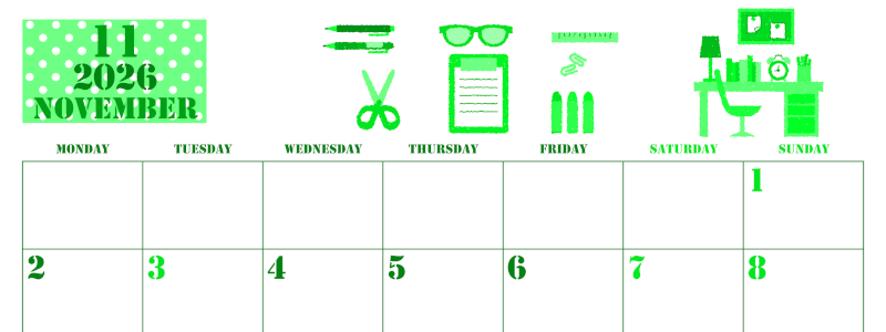 2026年11月横型月曜始まり 文房具イラストのかわいいA4無料グリーンのカレンダー(2026-00911101)