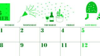 2026年12月横型月曜始まり パーティーのイラストがかわいいA4無料グリーンのカレンダー(2026-00911201)