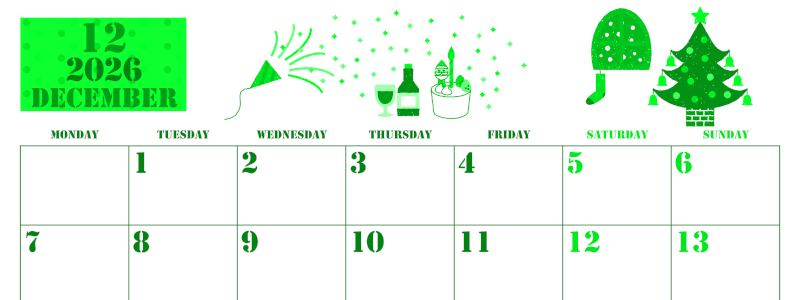 2026年12月横型月曜始まり パーティーのイラストがかわいいA4無料グリーンのカレンダー(2026-00911201)