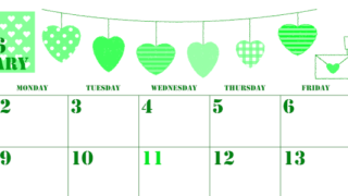 2026年2月横型日曜始まり ラブレターイラストのかわいいA4無料グリーンのカレンダー(2026-00910200)