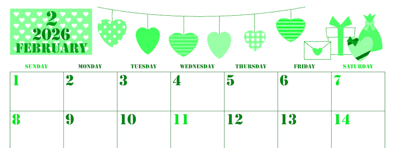 2026年2月横型日曜始まり ラブレターイラストのかわいいA4無料グリーンのカレンダー(2026-00910200)