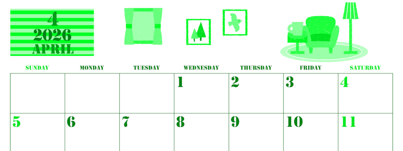 2026年4月横型日曜始まり 新生活イラストのかわいいA4無料グリーンのカレンダー(2026-00910400)