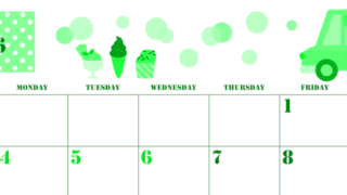 2026年5月横型日曜始まり アイスクリームのイラストがかわいいA4無料グリーンのカレンダー(2026-00910500)