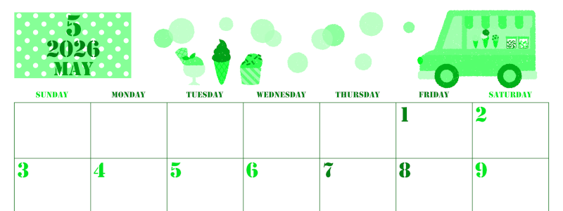 2026年5月横型日曜始まり アイスクリームのイラストがかわいいA4無料グリーンのカレンダー(2026-00910500)