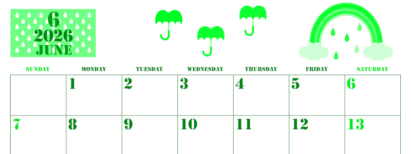 2026年6月横型日曜始まり 虹イラストのかわいいA4無料グリーンのカレンダー(2026-00910600)