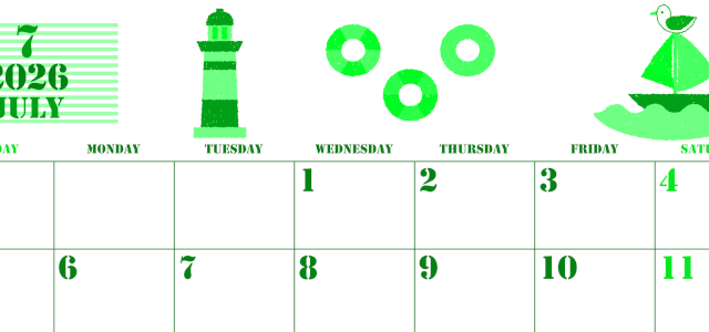 2026年7月横型日曜始まり マリンなイラストのかわいいA4無料グリーンのカレンダー(2026-00910700)