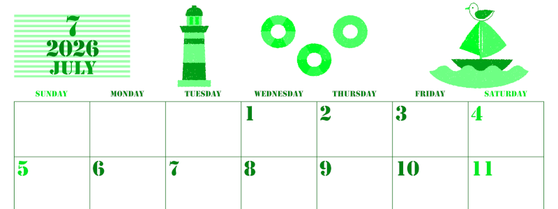 2026年7月横型日曜始まり マリンなイラストのかわいいA4無料グリーンのカレンダー(2026-00910700)