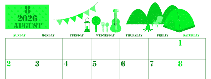 2026年8月横型日曜始まり 夏休みイラストのかわいいA4無料グリーンのカレンダー(2026-00910800)